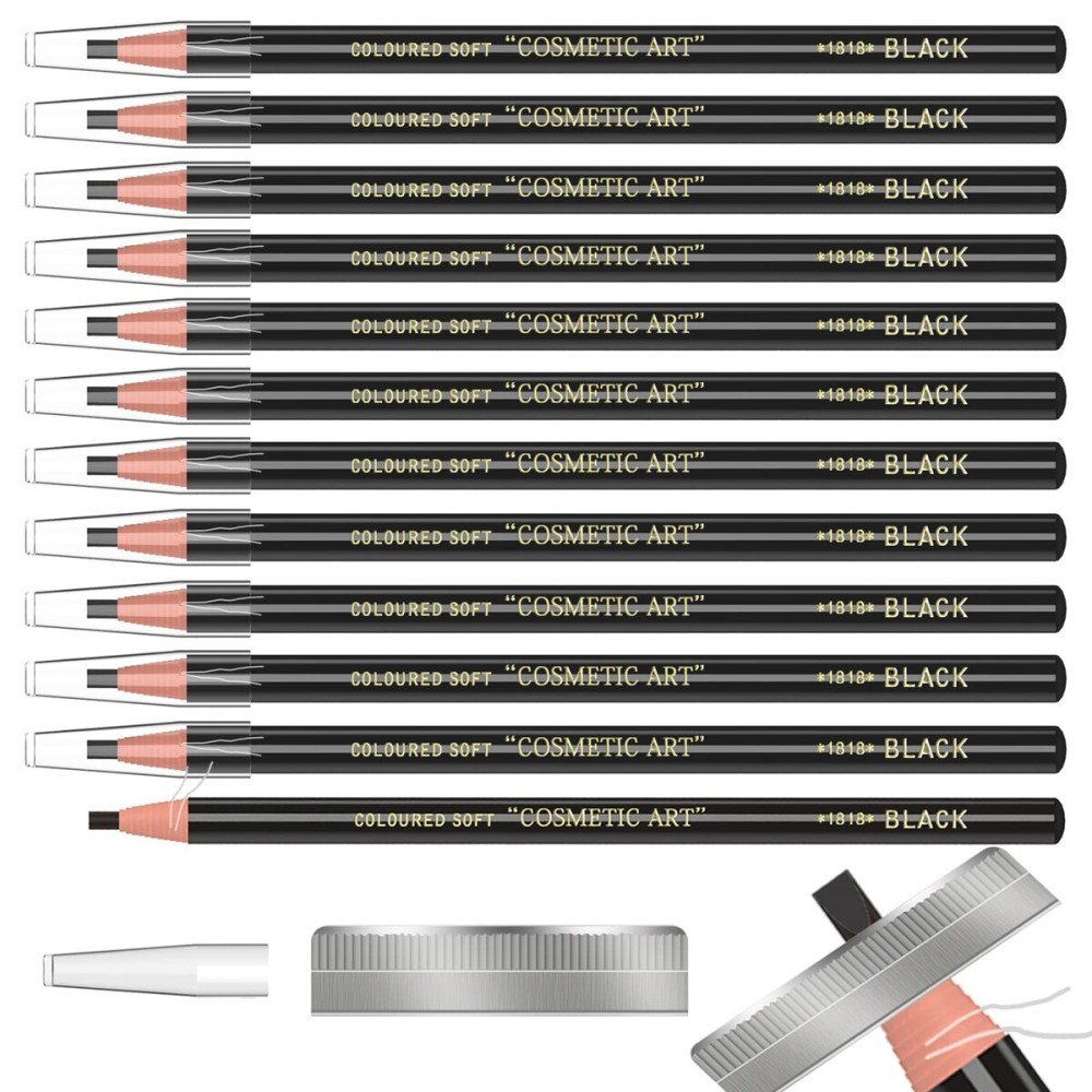 12 Piece Black Colour Waterproof Eyebrows Pencil Tattoo Makeup And Microblading Supplies Kit-Permanent Eye Brow Liners In Waterproof Eyebrow Pencils Peel - Brow Pencil Set For Marking(12 Pcs)