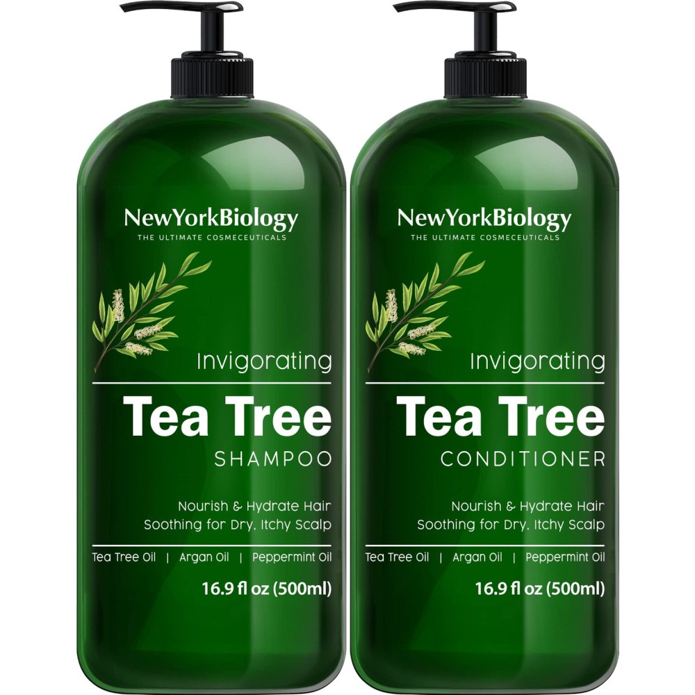 New York Biology Tea Tree Shampoo and Conditioner Set - Deep Cleanser - Relief for Dandruff and Dry Itchy Scalp - Therapeutic Grade - Helps Promote Hair Growth - 16.9 Fl Oz