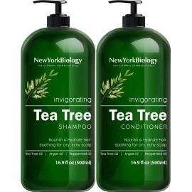New York Biology Tea Tree Shampoo and Conditioner Set - Deep Cleanser - Relief for Dandruff and Dry Itchy Scalp - Therapeutic Grade - Helps Promote Hair Growth - 16.9 Fl Oz