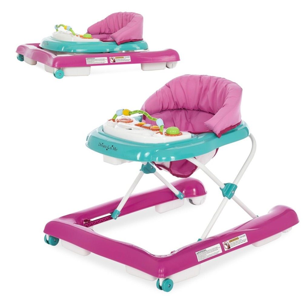 Dream On Me 2-in-1 Ava Baby Walker, Easy Convertible Baby Walker, Walk Behind, Height Adjustable Seat, Added Back Support, Detachable-Toy Slate, Teal Pink