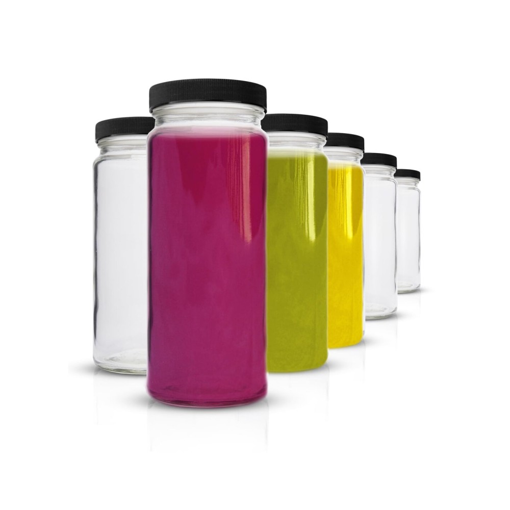 All About Juicing Clear Glass Water Bottles Set - 6 Pack Wide Mouth with Lids for Juice, Smoothies, Beverage Storage - 16 oz, Durable, Reusable, Dishwasher Safe, Leak Proof (Black Caps)