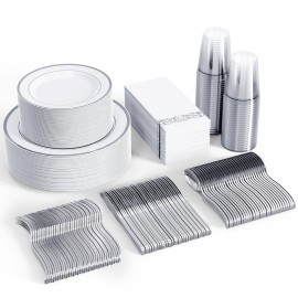 FOCUSLINE 350 Ct Disposable Dinnerware Set for 50 Guests -Heavy Duty Plastic Plates with Silver Rim, Includes 50 Dinner & Salad Plates, Cups, Napkins, Cutlery Set