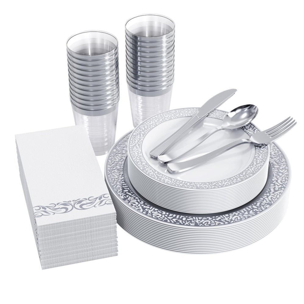 FOCUSLINE 175 Ct Silver Dinnerware Set for 25 Guests, Plastic Plates with Silver Lace Rim Design, Including 25 Disposable Dinner & Dessert Plates, Cups, Napkins, Cutlery Set