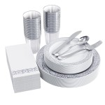 FOCUSLINE 175 Ct Silver Dinnerware Set for 25 Guests, Plastic Plates with Silver Lace Rim Design, Including 25 Disposable Dinner & Dessert Plates, Cups, Napkins, Cutlery Set