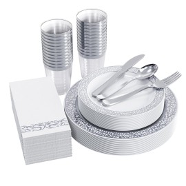 FOCUSLINE 175 Ct Silver Dinnerware Set for 25 Guests, Plastic Plates with Silver Lace Rim Design, Including 25 Disposable Dinner & Dessert Plates, Cups, Napkins, Cutlery Set