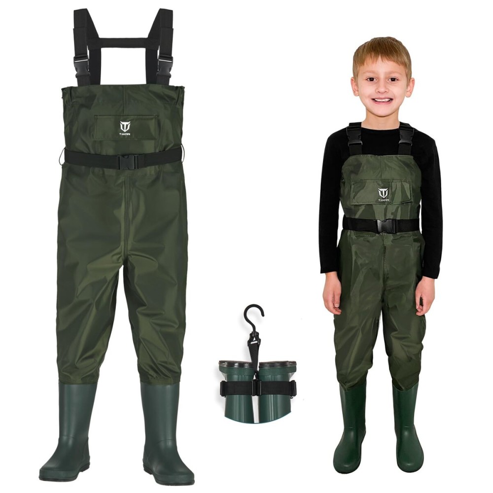 TIDEWE Chest Waders for Kids, Waterproof Youth Waders with Boot Hanger, Lightweight PVC Kids Chest Waders with Boot for Fishing & Hunting (Size 12/13 Big Kid)
