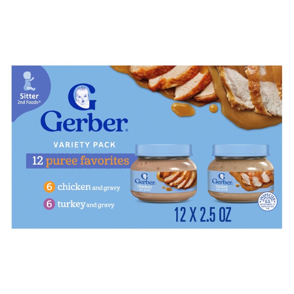 Gerber Stage 2 Baby Food, Chicken & Turkey Variety Pack Jars, Mealtime Poultry Puree, Baby Food Puree,12-Pack