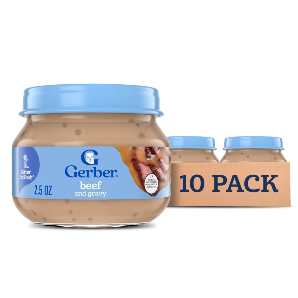 Gerber Stage 2 Baby Food, Beef and Gravy Jar, Baby Food Meat Puree, Baby Mealtime, Baby Puree Jars Glass, 10-Pack