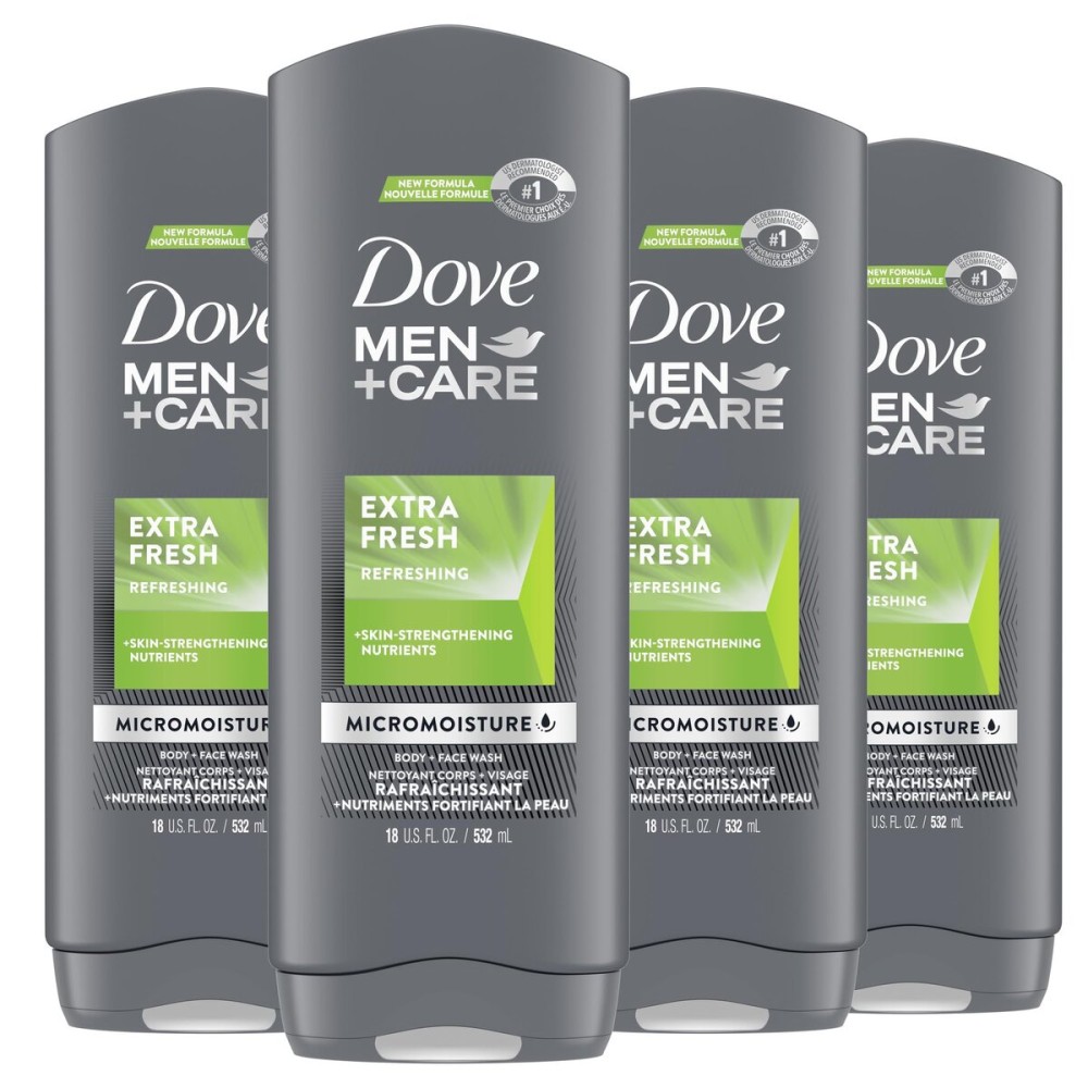 Dove Men+Care Body Wash Extra Fresh 4 Count for Men\'s Skin Care Body Wash Effectively Washes Away Bacteria While Nourishing Your Skin 18 oz