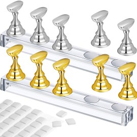 Blulu 2 Set Nail Stand for Painting Press Nail Holder Acrylic Magnetic Tips Training Fingernail Display Stands DIY Crystal Holders and 96 Pieces White Reusable Adhesive Putty(Gold and Silver)