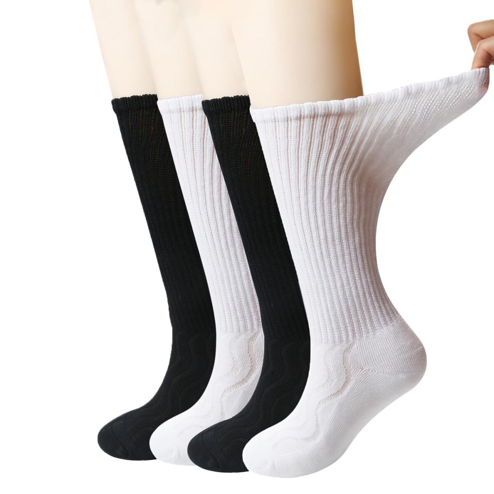 +MD 4 Pairs Non-Binding Women\'s Cushioned Moisture Wicking Diabetic Crew Dress Socks 9-11 Black/White