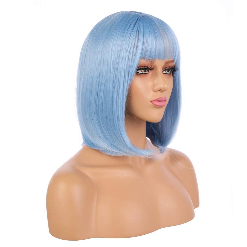 eNilecor Short Bob Hair Wigs 12 Straight with Flat Bangs Synthetic Colorful Cosplay Daily Party Wig for Women Natural As Real Hair+ Free Wig Cap (Light Blue)