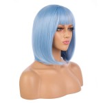 eNilecor Short Bob Hair Wigs 12 Straight with Flat Bangs Synthetic Colorful Cosplay Daily Party Wig for Women Natural As Real Hair+ Free Wig Cap (Light Blue)