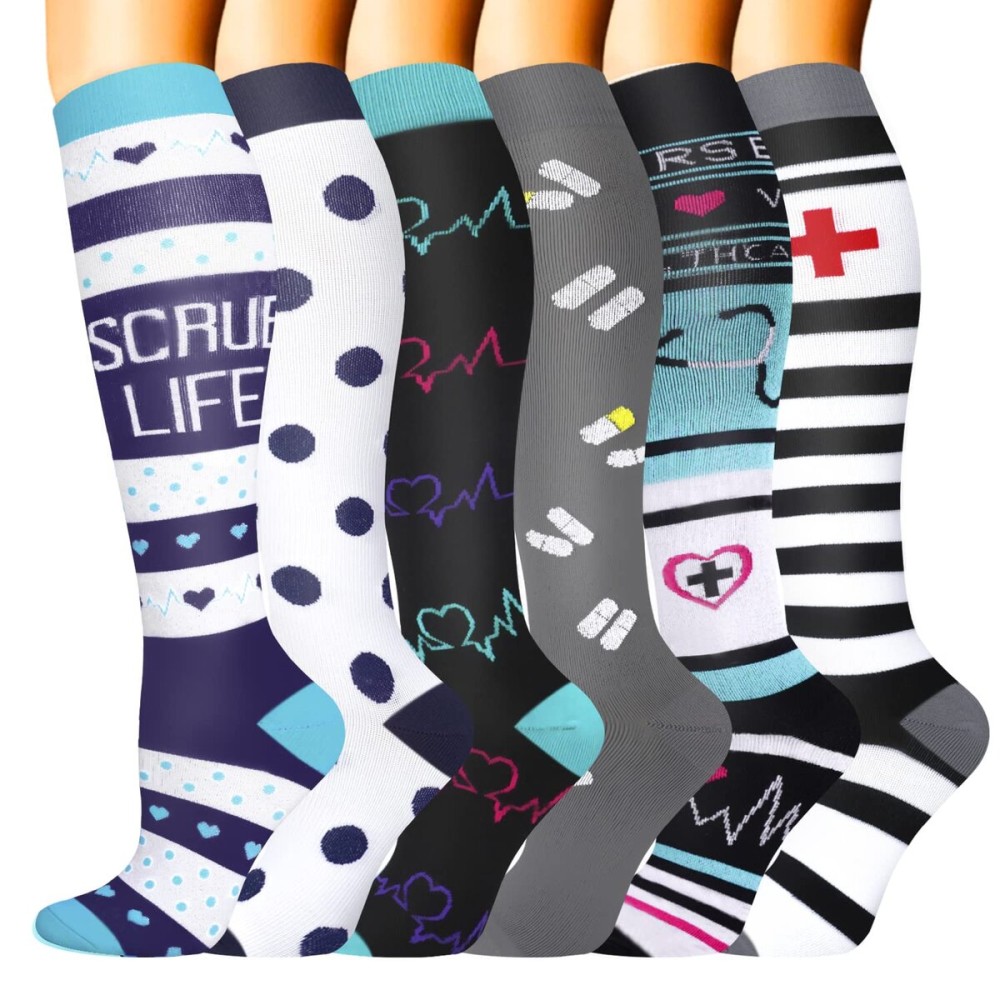 Compression Socks for Women & Men 6 Pairs is Best Supportive Knee High Stockings for Circulation, Travel, Nurses