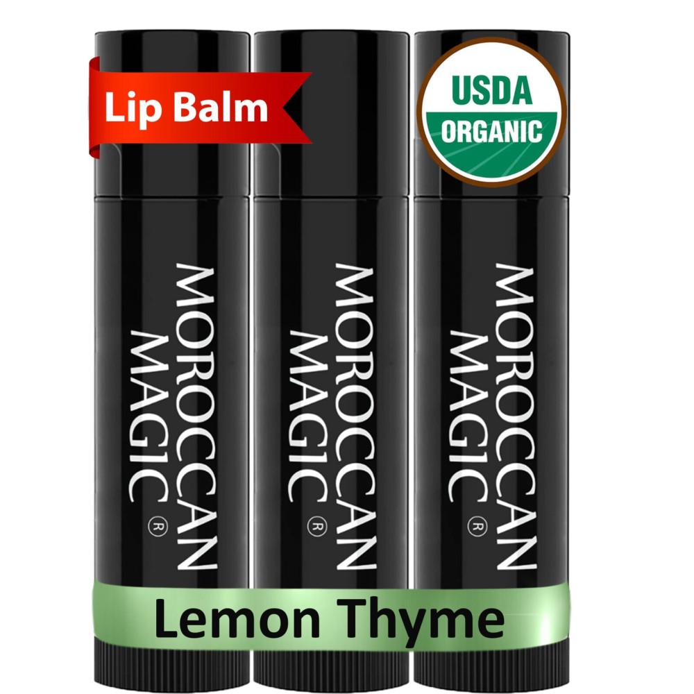 Moroccan Magic Organic Lemon Thyme Lip Balm 3 Pack | Ultra-Hydrating Argan & Essential Oil Lip Moisturizer + Vitamin E | Natural Chapstick for Dry Lips | Smooth, Non-Toxic | Organic Lip Balm