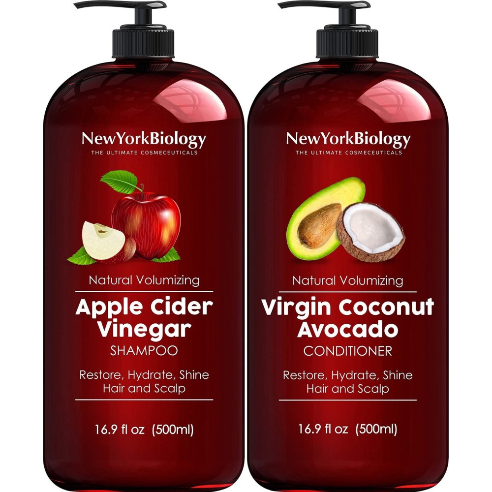 New York Biology Apple Cider Vinegar Shampoo and Coconut Avocado Oil Conditioner Set - Helps Restore Shine, Hair Gloss and Hydration for Dry Hair & Itchy Scalp - Clarifying & Nourishing - 16.9 Fl Oz