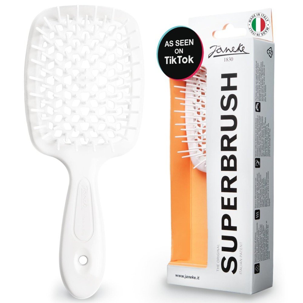 Janeke Superbrush Detangling Brush for Soft Smoothing Hair Brushing with Anti-Static Bristles - Vented Wet Hair Brush for Blow Drying Use - Perfect for Curly, Thick, Wavy, Fine Hair Types (White)