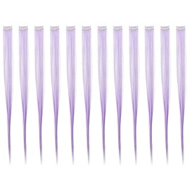 SWACC 12 Pcs Straight One Color Party Highlights Clip on in Hair Extensions Colored Hair Streak Synthetic Hairpieces (Lilac Purple)