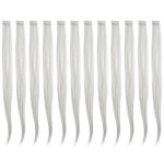 SWACC 12 Pcs Straight One Color Party Highlights Clip on in Hair Extensions Colored Hair Streak Synthetic Hairpieces (Sliver Gray)