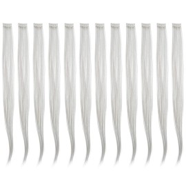 SWACC 12 Pcs Straight One Color Party Highlights Clip on in Hair Extensions Colored Hair Streak Synthetic Hairpieces (Sliver Gray)