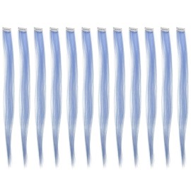 SWACC 12 Pcs Straight One Color Party Highlights Clip on in Hair Extensions Colored Hair Streak Synthetic Hairpieces (Dull Blue)