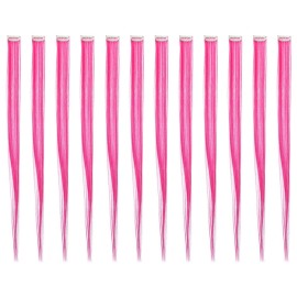 SWACC 12 Pcs Straight One Color Party Highlights Clip on in Hair Extensions Colored Hair Streak Synthetic Hairpieces (Neon Pink)