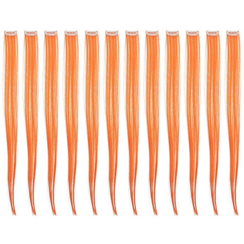 SWACC 12 Pcs Straight One Color Party Highlights Clip on in Hair Extensions Colored Hair Streak Synthetic Hairpieces (Orange)