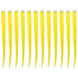 SWACC 12 Pcs Straight One Color Party Highlights Clip on in Hair Extensions Colored Hair Streak Synthetic Hairpieces (Yellow)