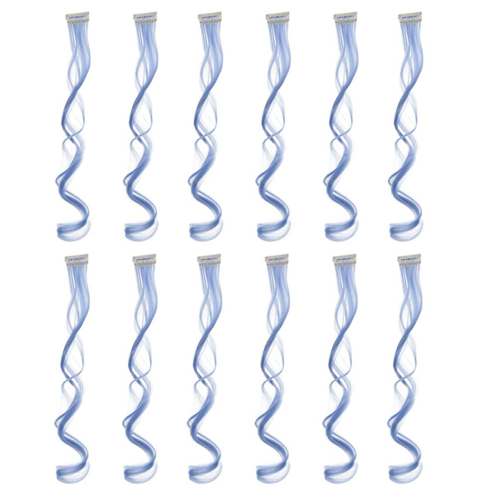 SWACC 12 Pcs Curly Wavy One Color Party Highlights Clip on in Hair Extensions Colored Hair Streak Synthetic Hairpieces (Dull Blue)