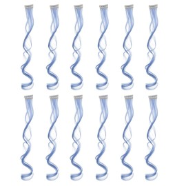 SWACC 12 Pcs Curly Wavy One Color Party Highlights Clip on in Hair Extensions Colored Hair Streak Synthetic Hairpieces (Dull Blue)