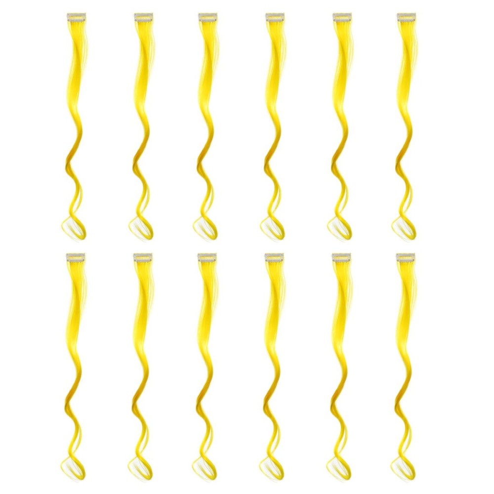 SWACC 12 Pcs Curly Wavy One Color Party Highlights Clip on in Hair Extensions Colored Hair Streak Synthetic Hairpieces (Yellow)