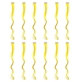 SWACC 12 Pcs Curly Wavy One Color Party Highlights Clip on in Hair Extensions Colored Hair Streak Synthetic Hairpieces (Yellow)
