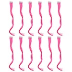 SWACC 12 Pcs Curly Wavy One Color Party Highlights Clip on in Hair Extensions Colored Hair Streak Synthetic Hairpieces (Neon Pink)