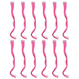 SWACC 12 Pcs Curly Wavy One Color Party Highlights Clip on in Hair Extensions Colored Hair Streak Synthetic Hairpieces (Neon Pink)