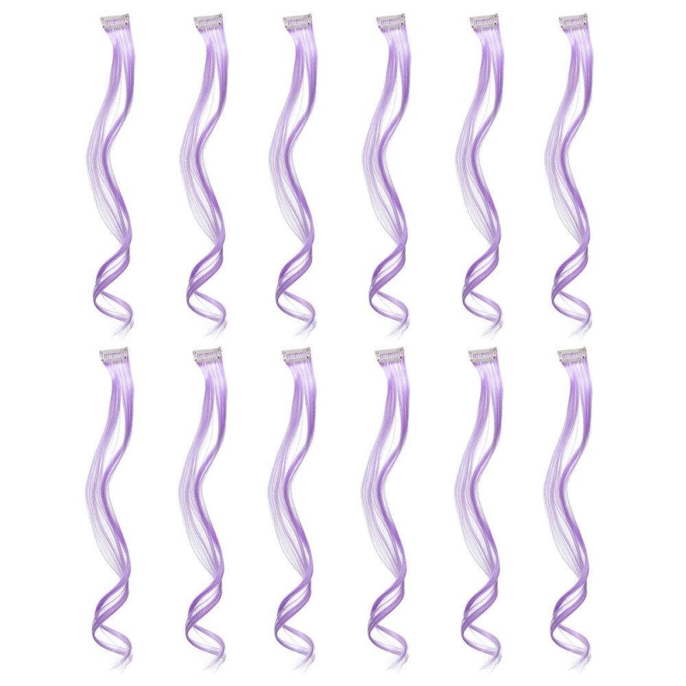 SWACC 12 Pcs Curly Wavy One Color Party Highlights Clip on in Hair Extensions Colored Hair Streak Synthetic Hairpieces (Lilac Purple)