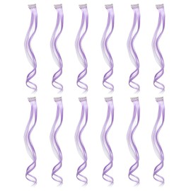 SWACC 12 Pcs Curly Wavy One Color Party Highlights Clip on in Hair Extensions Colored Hair Streak Synthetic Hairpieces (Lilac Purple)
