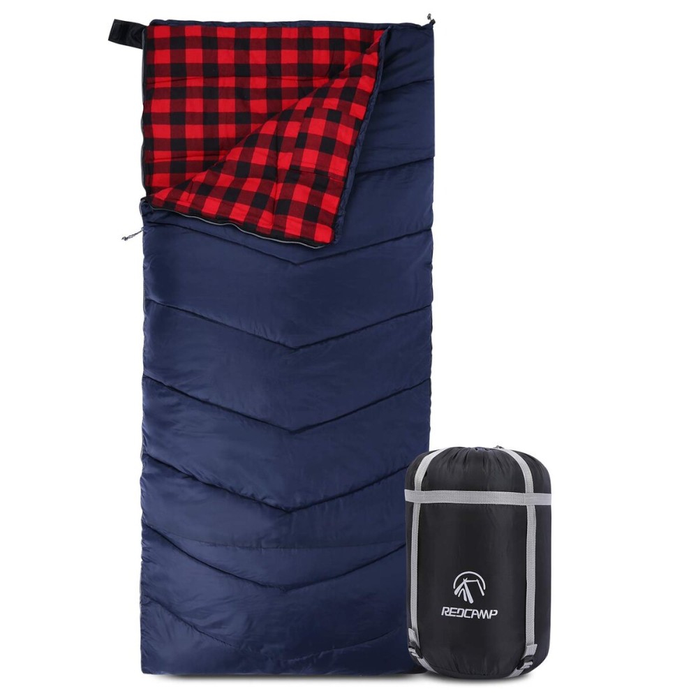 REDCAMP Cotton Flannel Sleeping Bag for Adults, XL 32/41/50F Comfortable, Envelope Sleeping Bag with Compression Sack, Red Plaid 3lbs(79x33)