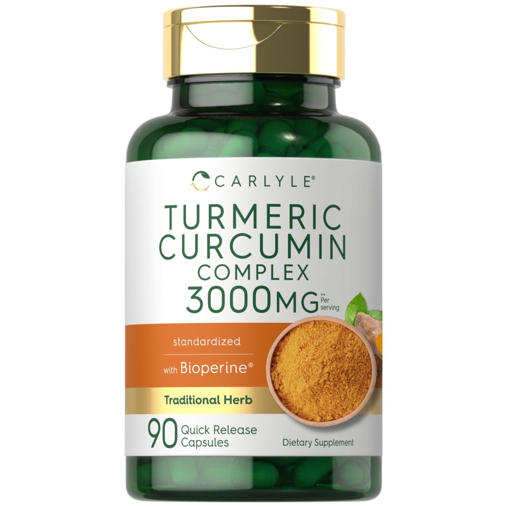 Carlyle Turmeric Curcumin Supplement with Black Pepper | 3000mg | 90 Capsules | Complex Extract with Bioperine | Non-GMO, Gluten Free