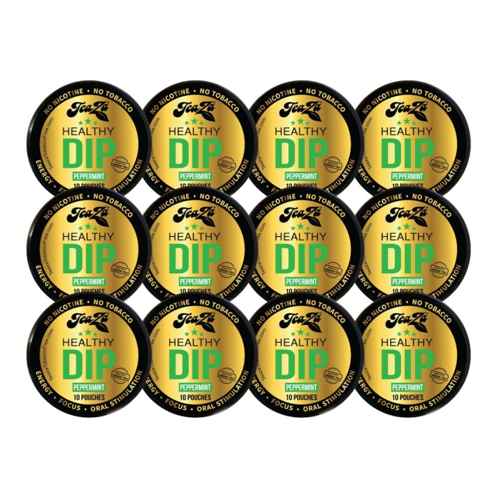 TeaZA Herbal Energy Pouches, Nicotine Free Tobacco Free Smokeless Alternative Snuff, Made with Green Tea Caffeine Dip Pouches, Peppermint (12 Pack)