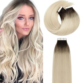 Lacer Tape in Hair Extensions Real Human Hair - Natural Rooted Darker Brown to Platinum Blonde Hair Extensions Tape ins - Double Side Seamless PU Skin Weft - 50g, 20pcs/set, 16 Inch