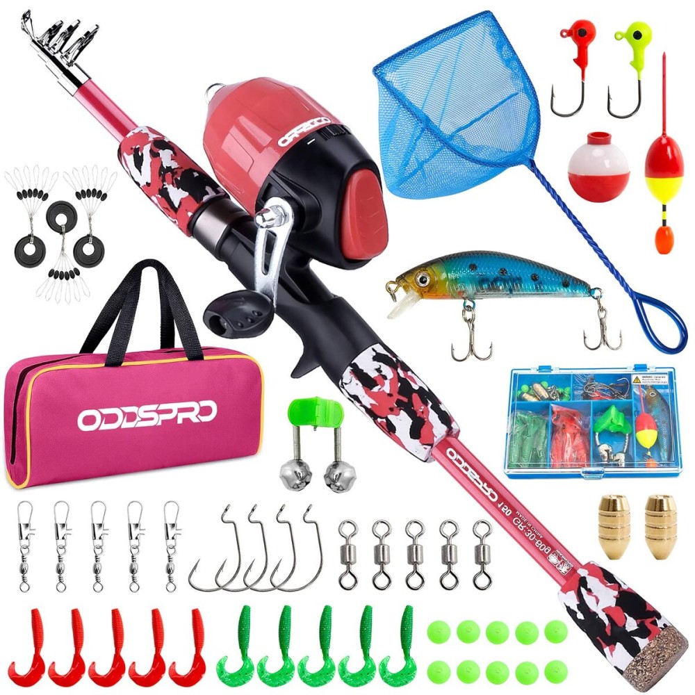 ODDSPRO Kids Fishing Pole - Kids Fishing Starter Kit - with Tackle Box, Reel, Practice Plug, Beginner\'s Guide and Travel Bag for Boys, Girls