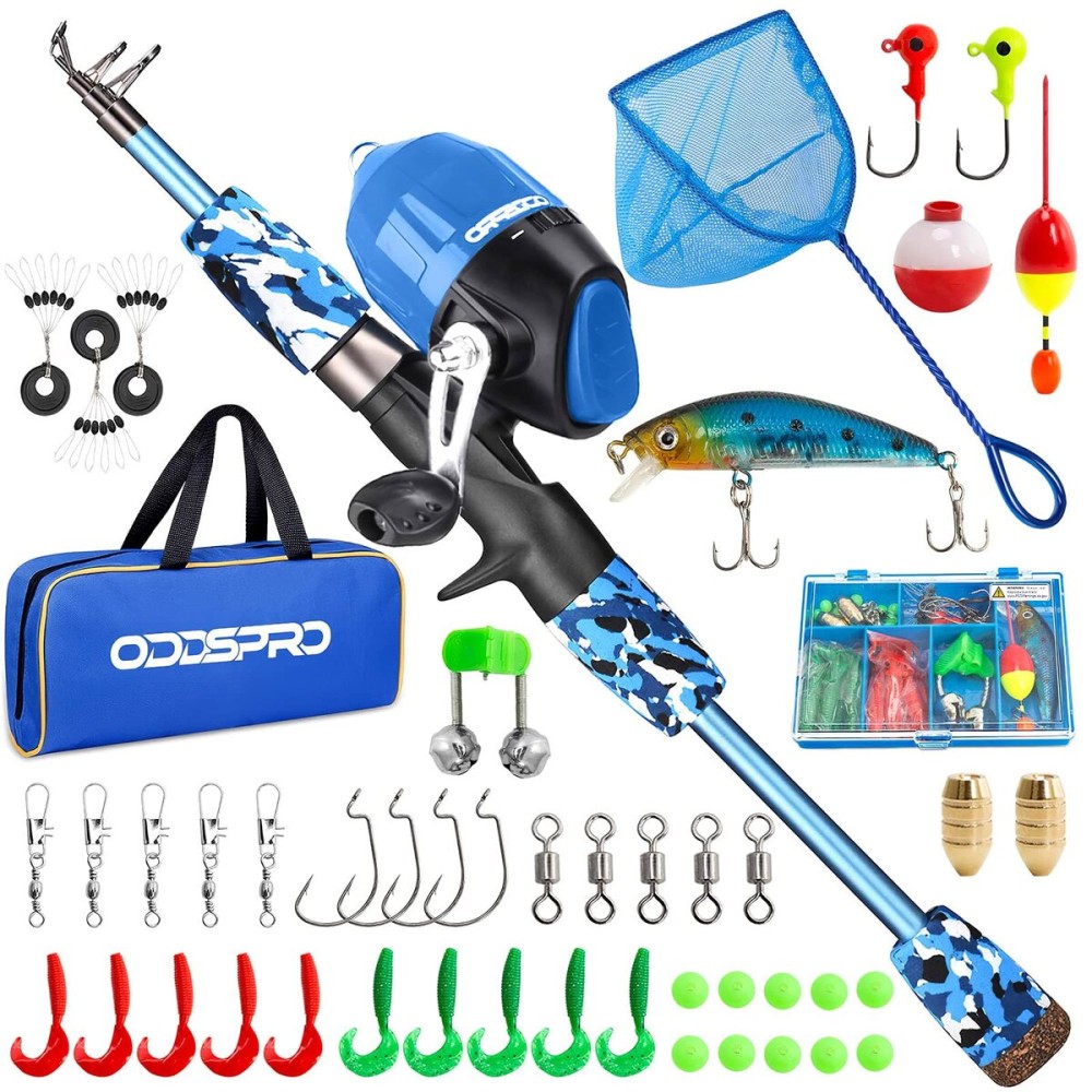 ODDSPRO Kids Fishing Pole - Kids Fishing Starter Kit - with Tackle Box, Reel, Practice Plug, Beginner\'s Guide and Travel Bag for Boys, Girls