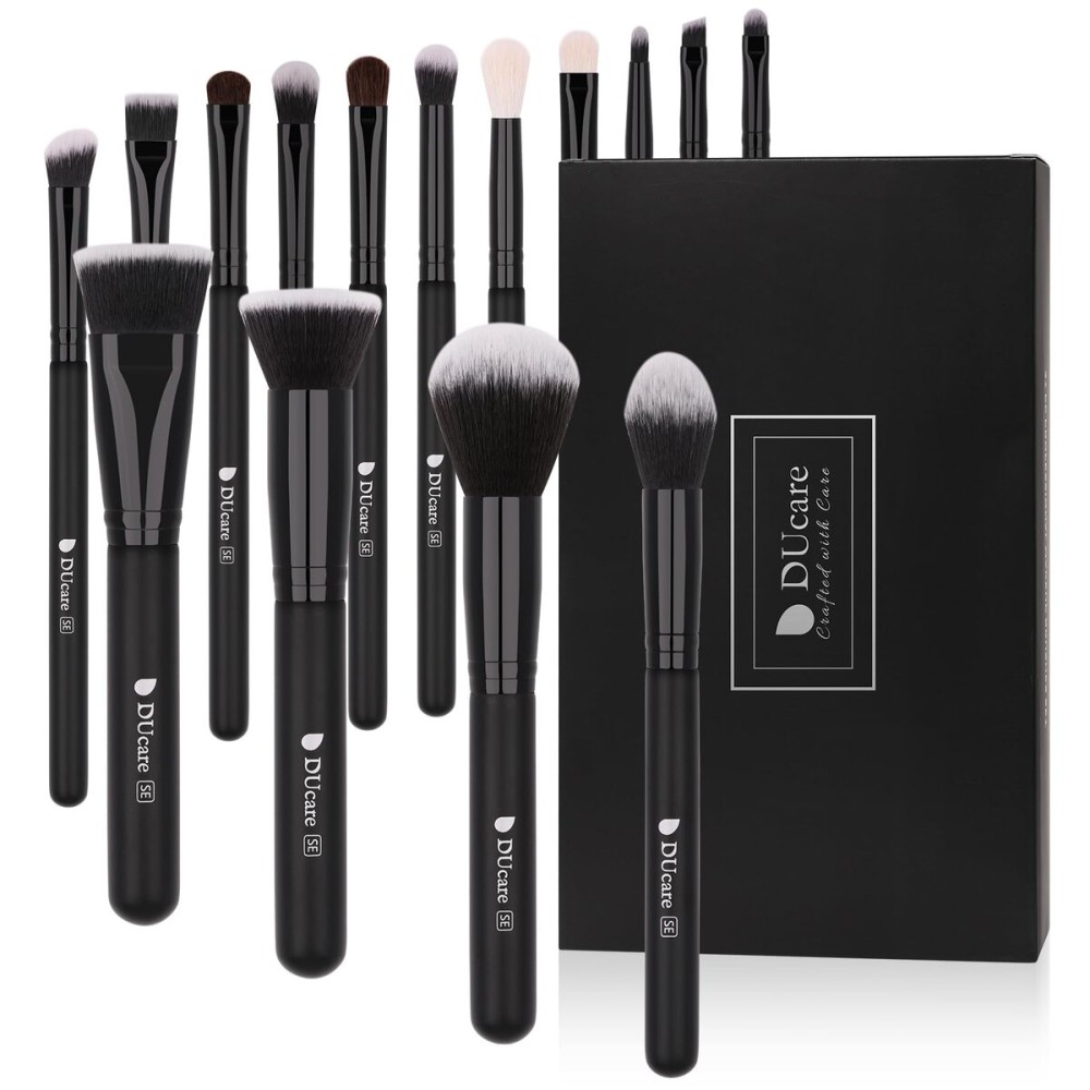 DUcare Makeup Brushes 15Pcs Premium Synthetic Kabuki Makeup Brush Set, Professional Foundation Concealers Powder Blush Blending Face Eye Shadows Black Brush Sets