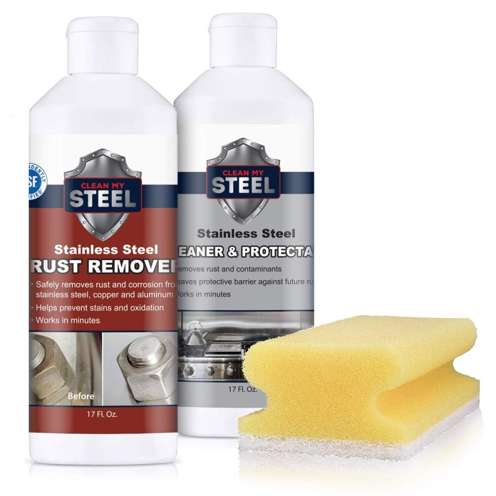 CLEAN MY STEEL Stainless Steel Rust Stain Remover, Protector & Cleaner Kit, Concentrated Formula, for Commercial Use, Appliances. Gloves & Sponge Included (17 oz)