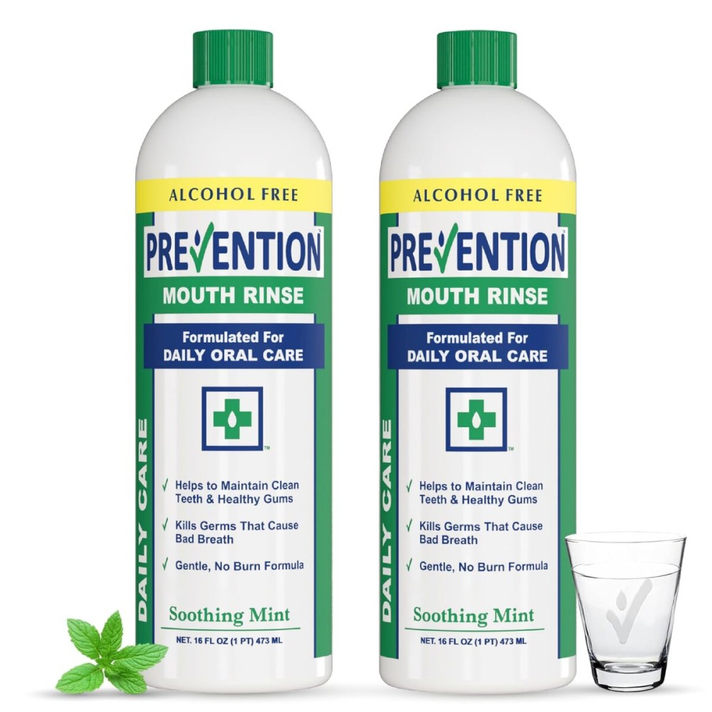 Prevention Daily Care Alcohol-Free Mouthwash, Hydrogen Peroxide Teeth Whitening with Soothing Fresh Mint for Bad Breath Treatment, Fluoride-Free Gum Care Oral Mouth Rinse 16 oz 2 Pack
