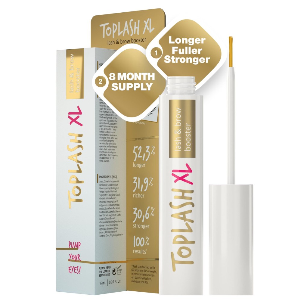 TOPLASH XL Lash and Brow Booster, Growth Serum with Eyelash and Eyebrow Enhancer, Promotes Stronger, Thicker, Healthier Lashes with Botanicals and Peptides - 0,2 Fl Oz(6 ml)
