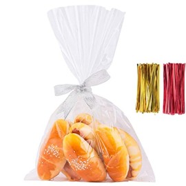Morepack Cellophane Treat Bags,8x10 Inches Clear Cellophane Bags 200 Pcs Plastic Opp Bag with 200 Twist Ties