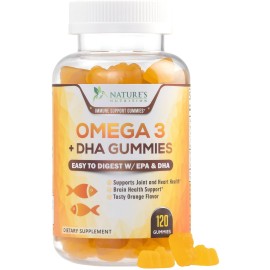 Omega 3 Fish Oil Gummies, Heart Healthy Omega 3 Gummy Supplement with High Absorption DHA & EPA, Extra Strength Joint & Brain Support, Delicious Orange Flavor Fish Oil Nature\'s Vitamin - 120 Gummies