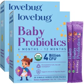 LOVEBUG Probiotics for Babies - Organic Baby Probiotics 6-12 Months for Baby Immune Support, Gas, Colic, Diarrhea & Infant Constipation Relief Sugar-Free, Tasteless Powder, 60 Pack