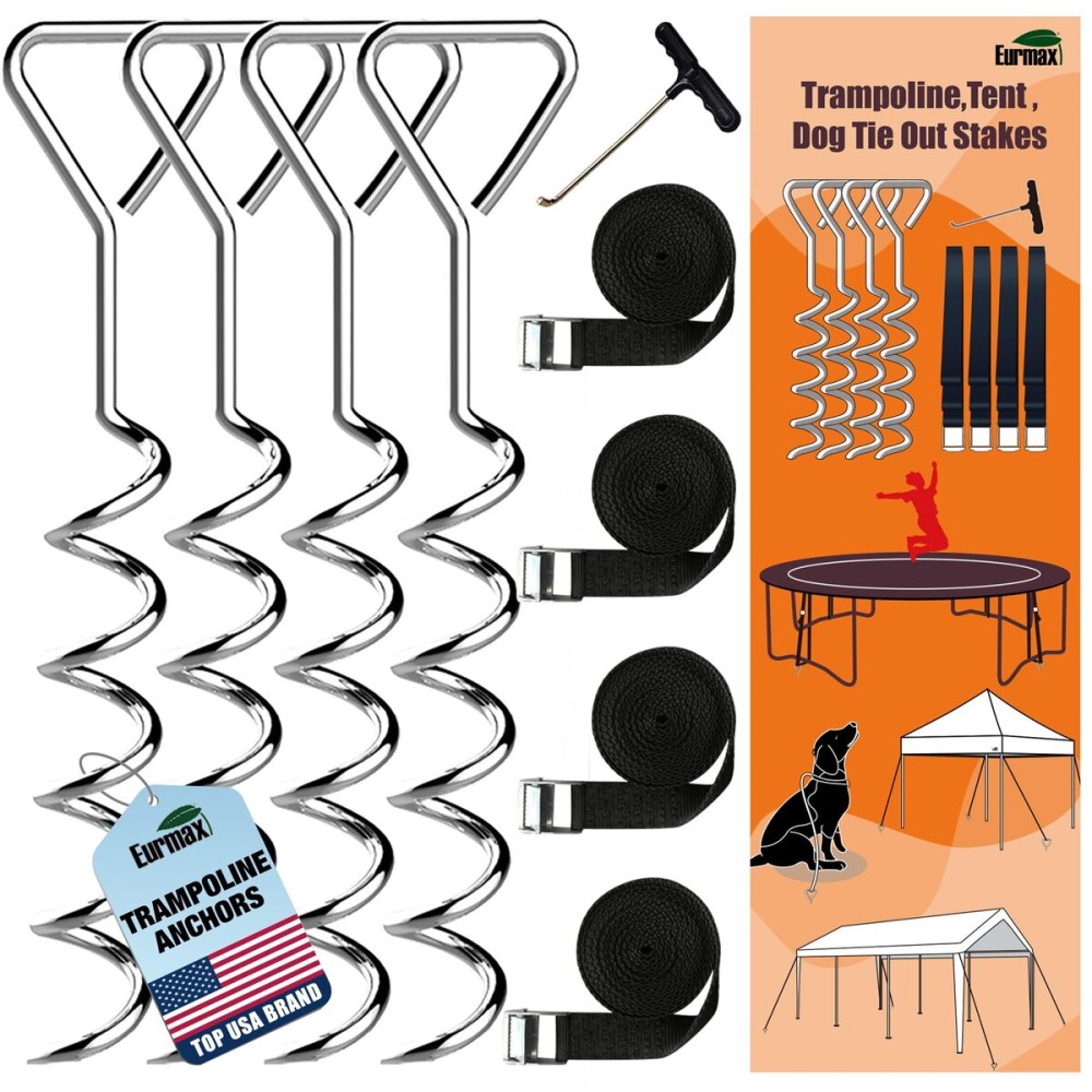 Eurmax USA Trampoline Stakes Heavy Duty Trampoline Parts Corkscrew Shape Steel Stakes Anchor Kit with T Hook for Trampolines -Set of 4 Bonus 4 Strong Belt,Silver